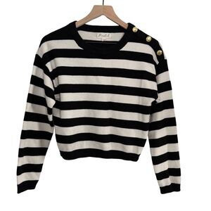 Marled Black & White Striped Button Shoulder Sweater‎ | Size M